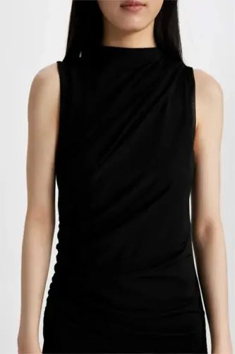 Bodycon Bodycon Mock Neck Basic Plain Tulle Sleeveless Maxi Dress Black - 6