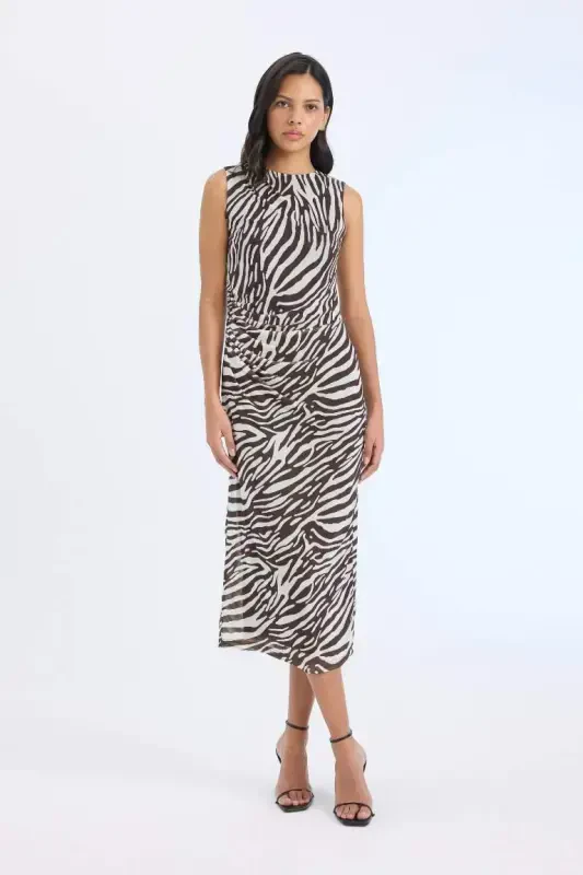 Bodycon Bodycon Turtleneck Zebra Patterned Tulle Sleeveless Midi Dress-Light Brown - 2