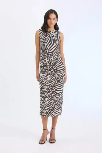 Bodycon Bodycon Turtleneck Zebra Patterned Tulle Sleeveless Midi Dress-Light Brown - 3