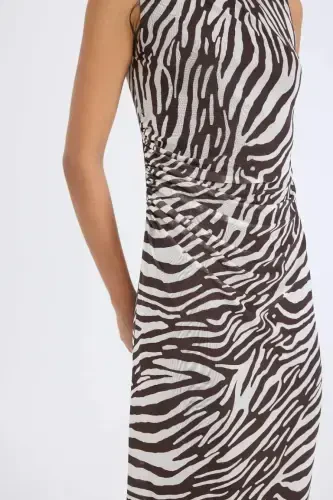 Bodycon Bodycon Turtleneck Zebra Patterned Tulle Sleeveless Midi Dress-Light Brown - 6