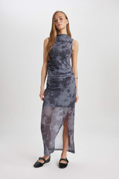 Bodycon High Neck Tie-Dye Tulle Sleeveless Midi Dress Anthracite 