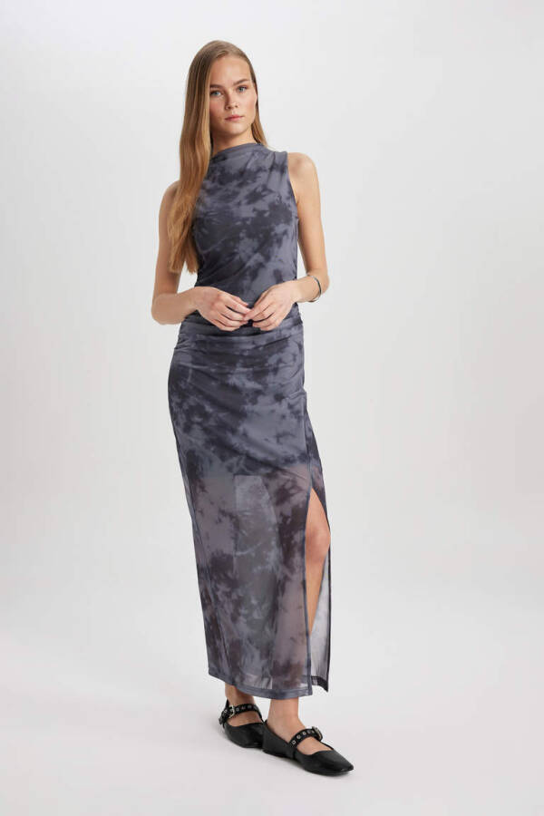 Bodycon High Neck Tie-Dye Tulle Sleeveless Midi Dress Anthracite - 2