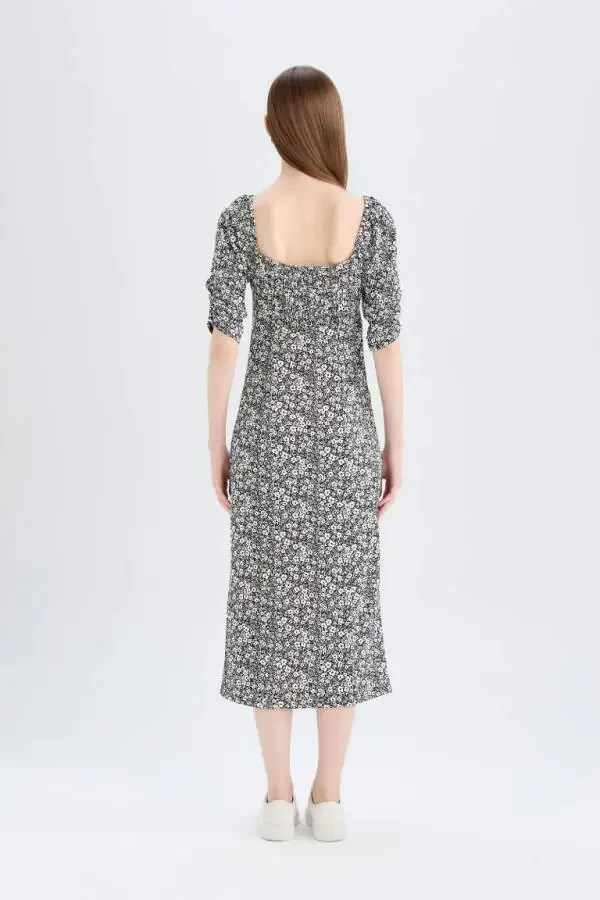 Bodycon kvadrat bo'yinli gulli pufli qisma midi ko'ylak qora - 6