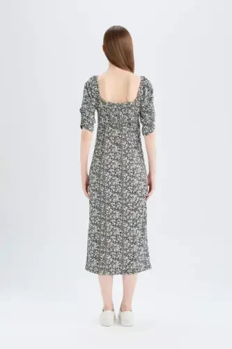 Bodycon Облегающее Квадратный Вырез Цветочный Узор Мнущаяся Полурукавное Миди Платье-Черный - 6