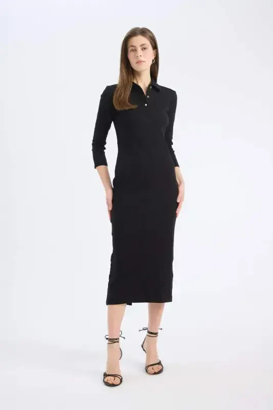 Bodycon облегающее поло воротник базовый простой в рубчик кашкорс короткий рукав миди платье - черное - 2