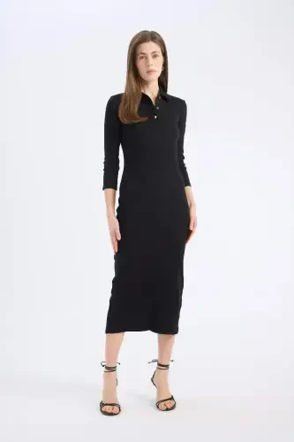 Bodycon облегающее поло воротник базовый простой в рубчик кашкорс короткий рукав миди платье - черное - 4