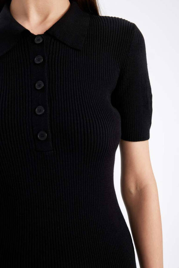 Bodycon Polo Yaka Fitilli Kaşkorse Yarım Kollu Midi Elbise Siyah - 4