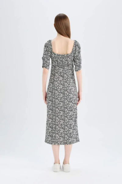 Bodycon Square Neck Floral Puff Sleeve Midi Dress Black - 6