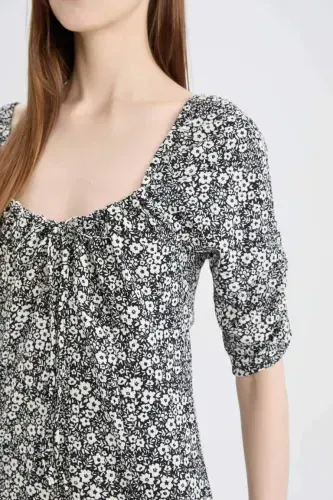 Bodycon Square Neck Floral Ruched Half Sleeve Midi Dress-Black - 5