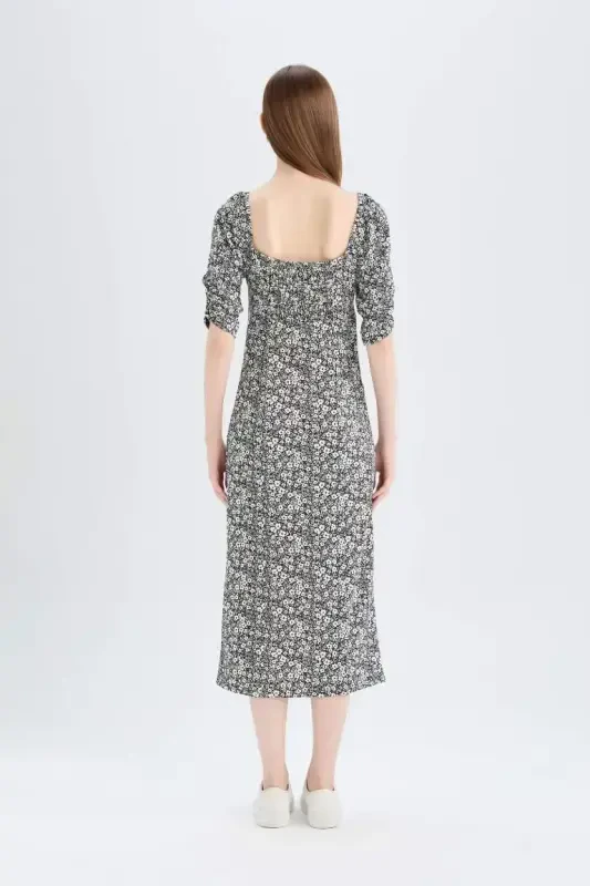 Bodycon Square Neck Floral Ruched Half Sleeve Midi Dress-Black - 6