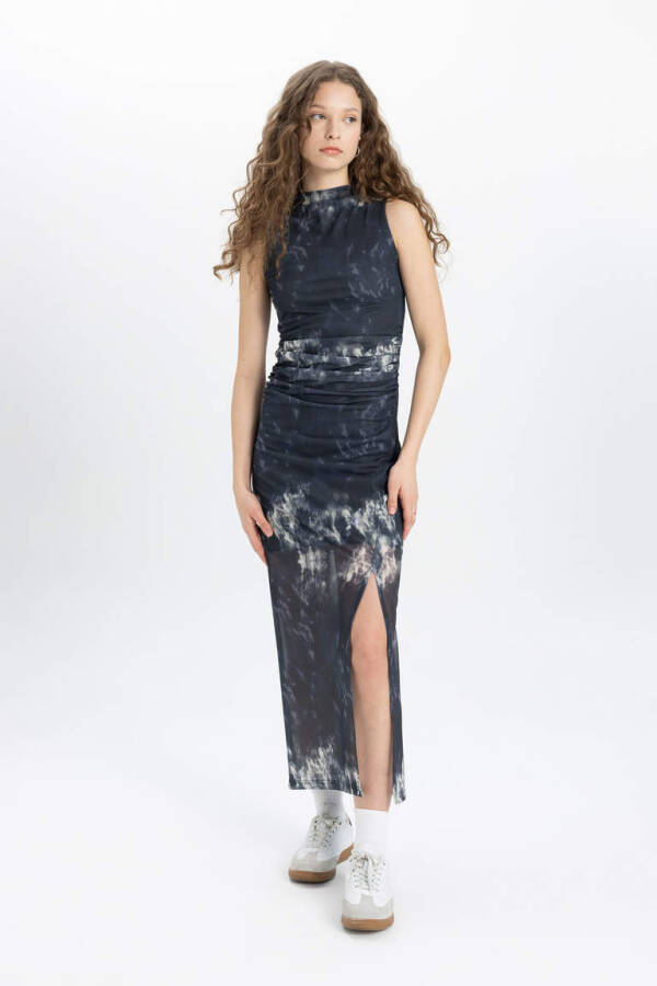 Bodycon Straight Neckline Batik Tulle Sleeveless Midi Dress Navy - 2