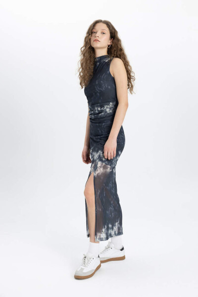 Bodycon Straight Neckline Batik Tulle Sleeveless Midi Dress Navy - 3