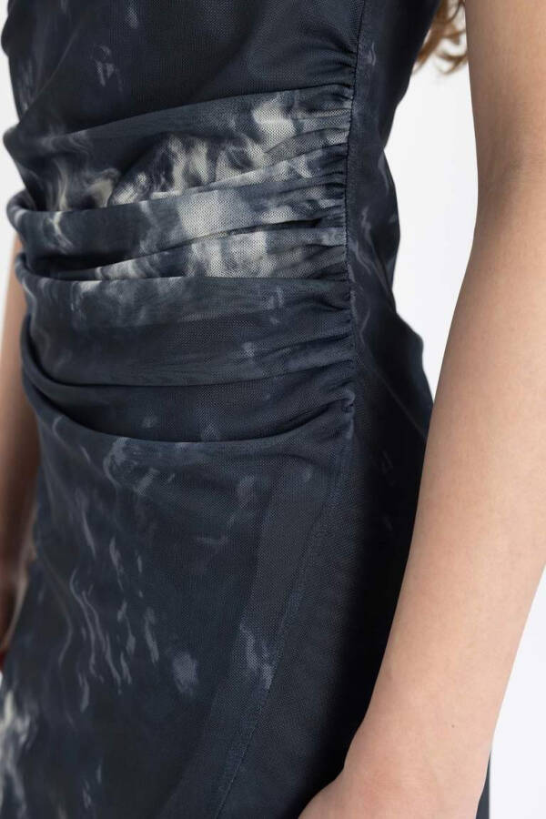 Bodycon Straight Neckline Batik Tulle Sleeveless Midi Dress Navy - 5