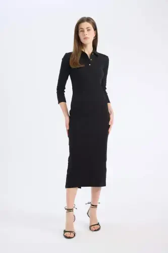 Bodycon tana tor polo yoqali oddiy fitilli qashqorso yarim yengli midi ko'ylak - qora - 2