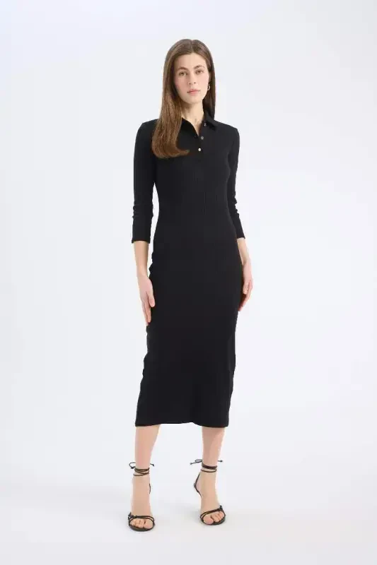 Bodycon tana tor polo yoqali oddiy fitilli qashqorso yarim yengli midi ko'ylak - qora - 4