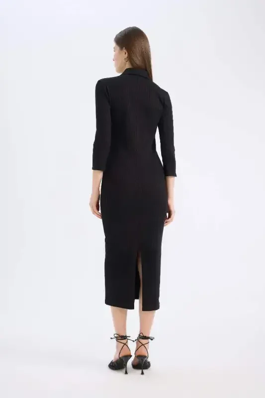 Bodycon tana tor polo yoqali oddiy fitilli qashqorso yarim yengli midi ko'ylak - qora - 8