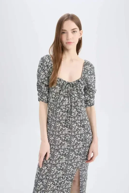 Bodycon Vücudu Saran Kare Yaka Çiçek Desenli Yırtmaçlı Bürümcük Yarım Kol Midi Elbise-Siyah - 3