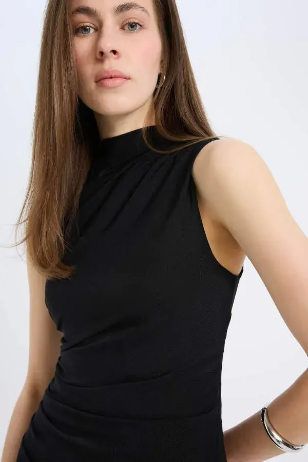 Bodycon Vücudu Saran Yarım Balıkçı Yaka Basic Düz Tül Kolsuz Maxi Abiye Elbise-Siyah - 5