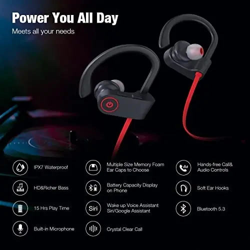 Boean Bluetooth Headphones Wireless Earbuds Bluetooth 5.3 Running Headphones IPX7 Waterproof Earphones with 16 Hrs Playtime Stereo Sound Isolation Headsets for Workout Gym - BOEAN (1)