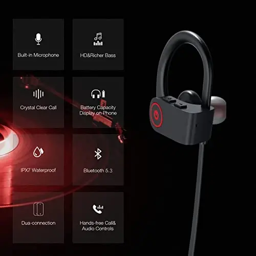 Boean Wireless Sport Headphones with IPX7 Waterproof Bluetooth V5.3, HD Bass+ Sound, 15H Playtime, Sound Isolation - 2