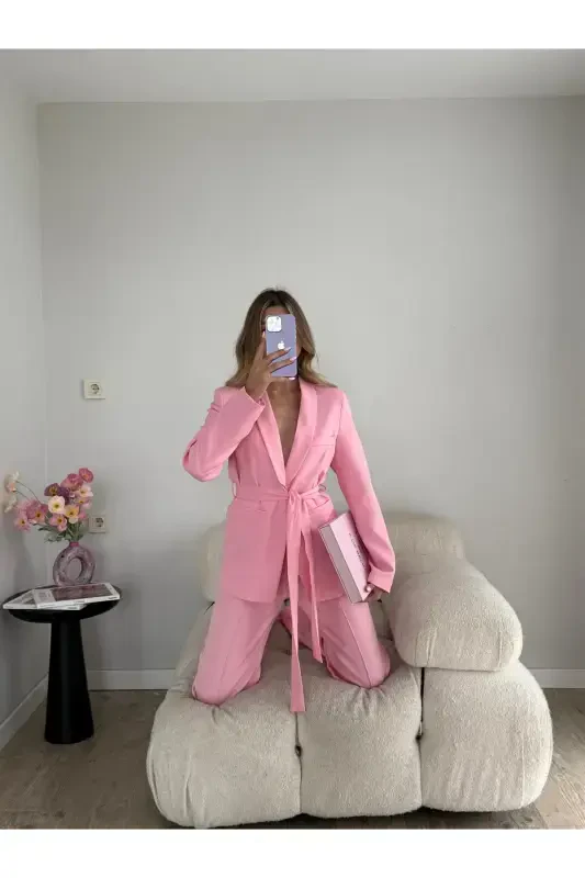 Bogʻichli Blazer Palto Keng Oyoqli Shimlar Kostyumi - Pushti - 3