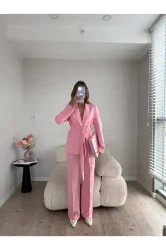 Bogʻichli Blazer Palto Keng Oyoqli Shimlar Kostyumi - Pushti - 4