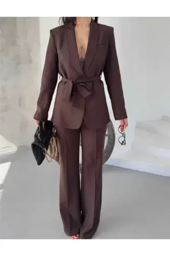 Bogʻlamali Blazer Koʻylagi Bol Paça Shimlar Toʻplami-Jigarrang - 1