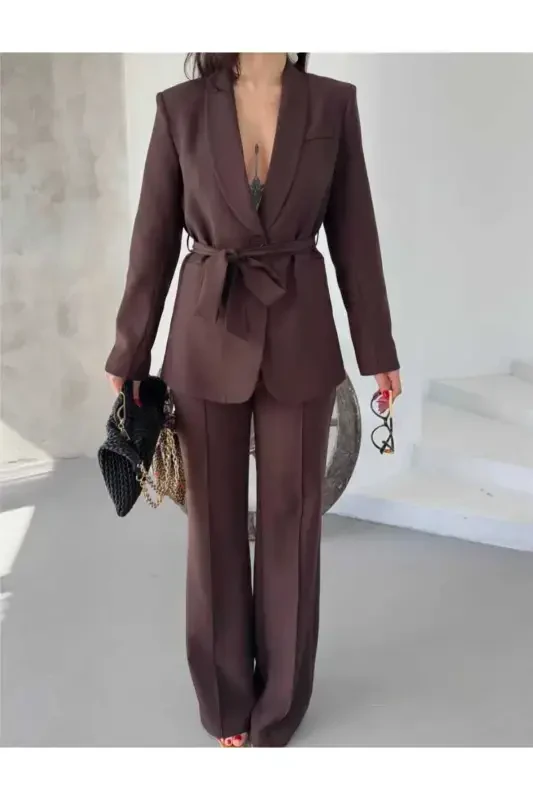 Bogʻlamali Blazer Koʻylagi Bol Paça Shimlar Toʻplami-Jigarrang - 1