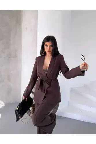 Bogʻlamali Blazer Koʻylagi Bol Paça Shimlar Toʻplami-Jigarrang - MYGİYİMİSTANBUL (1)