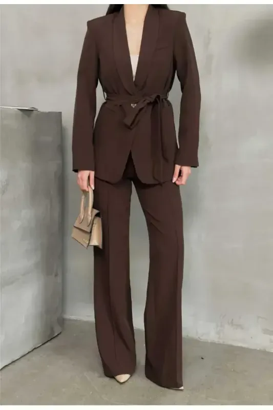 Bogʻlamali Blazer Koʻylagi Bol Paça Shimlar Toʻplami-Jigarrang - 3