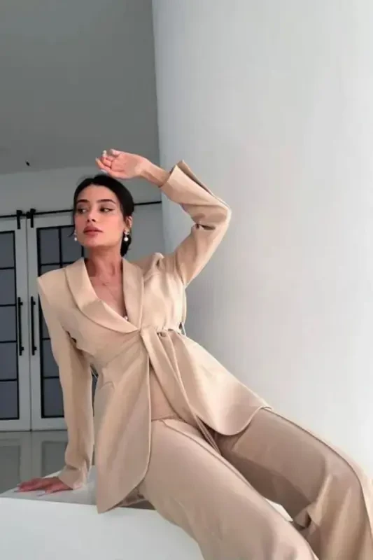 Bog'lamli Blazer Pidjak Keng Shim Takimi-Bej - 5