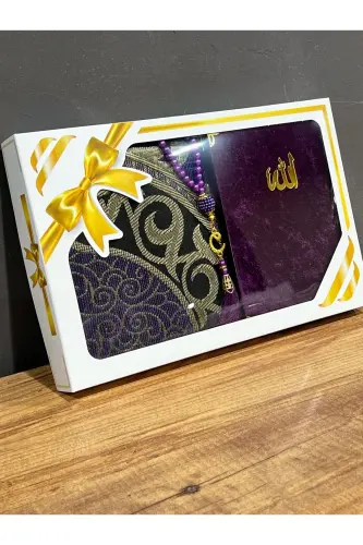 Bohçalık Taffeta Fringed Purple Prayer Rug, Yasin, Rosary Set-Purple 