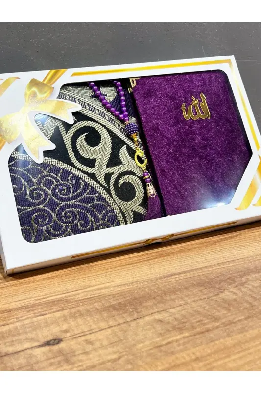 Bohçalık Taffeta Fringed Purple Prayer Rug, Yasin, Rosary Set-Purple - 2