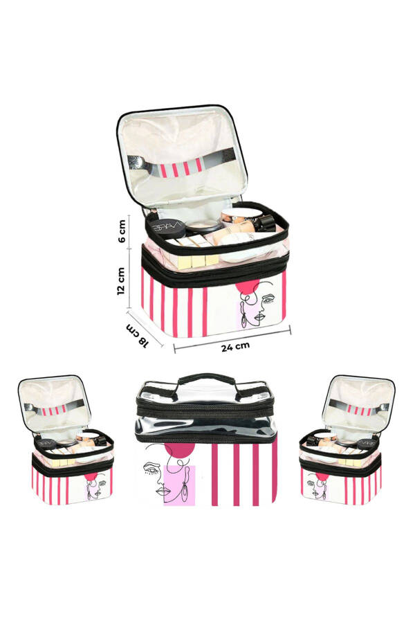 Bohem Çift Bölmeli Şeffaf Makyaj Çantası Seyahat Çantası Kozmetik Çantası Organizer-pembe beyaz - 2