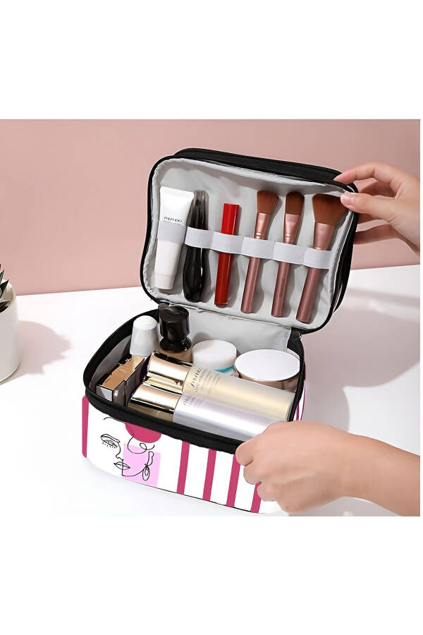 Bohem Çift Bölmeli Şeffaf Makyaj Çantası Seyahat Çantası Kozmetik Çantası Organizer-pembe beyaz - 7