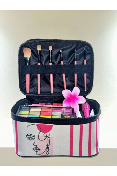 Bohem Çift Bölmeli Şeffaf Makyaj Çantası Seyahat Çantası Kozmetik Çantası Organizer-pembe beyaz - 8