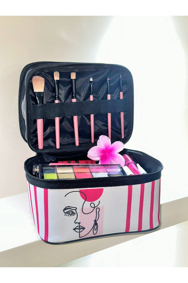 Bohem Çift Bölmeli Şeffaf Makyaj Çantası Seyahat Çantası Kozmetik Çantası Organizer-pembe beyaz - 16