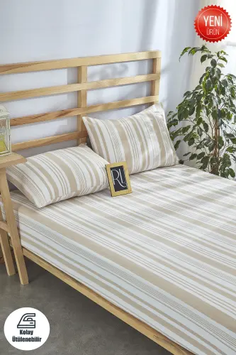 Bohem Lastikli Çarşaf Yastık Kılıfı Pamuklu Tek Kişilik - Çift Kişilik - Battal-Bej 