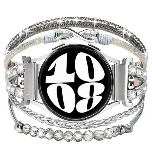 Boho кожаный браслет для Samsung Galaxy Watch 7/6/5/4 Band 40мм 44мм для женщин, 20мм многослойные браслеты ручной работы из бисера для Watch 6 Classic 43мм/Watch 5 Pro/Watch4 Classic 42мм/Galaxy Active 2 - 1