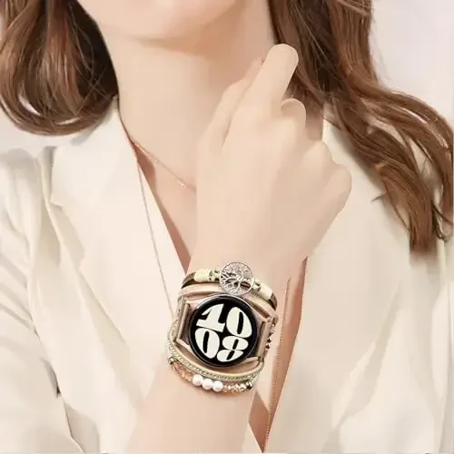 Boho Leather Bracelet for Samsung Galaxy Watch 7/6/5/4 Band 40mm 44mm Women, 20mm Handmade Multilayer Beaded Watch Bands for Watch 6 Classic 43mm/Watch 5 Pro/Watch4 Classic 42mm/Galaxy Active 2 - ORATYFAN (1)