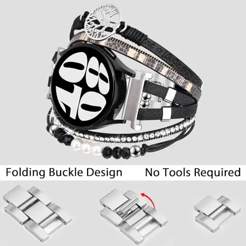 Boho Leather Bracelet for Samsung Galaxy Watch 7/6/5/4 Band 40mm 44mm Women, 20mm Handmade Multilayer Beaded Watch Bands for Watch 6 Classic 43mm/Watch 5 Pro/Watch4 Classic 42mm/Galaxy Active 2 - 3