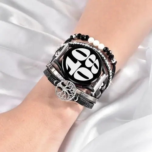 Boho Leather Bracelet for Samsung Galaxy Watch 7/6/5/4 Band 40mm 44mm Women, 20mm Handmade Multilayer Beaded Watch Bands for Watch 6 Classic 43mm/Watch 5 Pro/Watch4 Classic 42mm/Galaxy Active 2 - 5