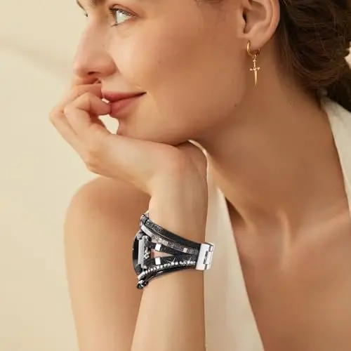 Boho Leather Bracelet for Samsung Galaxy Watch 7/6/5/4 Band 40mm 44mm Women, 20mm Handmade Multilayer Beaded Watch Bands for Watch 6 Classic 43mm/Watch 5 Pro/Watch4 Classic 42mm/Galaxy Active 2 - 6