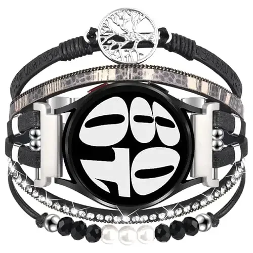 Boho Leather Bracelet for Samsung Galaxy Watch 7/6/5/4 Band 40mm 44mm Women, 20mm Handmade Multilayer Beaded Watch Bands for Watch 6 Classic 43mm/Watch 5 Pro/Watch4 Classic 42mm/Galaxy Active 2 - 1