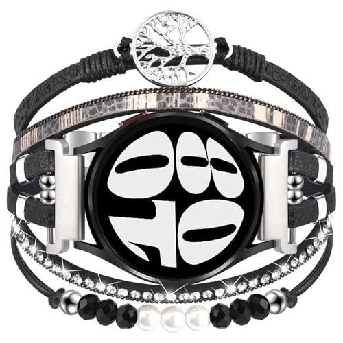 Boho Leather Bracelet for Samsung Galaxy Watch 7/6/5/4 Band 40mm 44mm Women, 20mm Handmade Multilayer Beaded Watch Bands for Watch 6 Classic 43mm/Watch 5 Pro/Watch4 Classic 42mm/Galaxy Active 2 - ORATYFAN