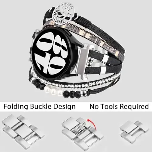 Boho Leather Bracelet for Samsung Galaxy Watch 7/6/5/4 Band 40mm 44mm Women, 20mm Handmade Multilayer Beaded Watch Bands for Watch 6 Classic 43mm/Watch 5 Pro/Watch4 Classic 42mm/Galaxy Active 2 - 3