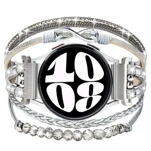 Boho Leather Bracelet for Samsung Galaxy Watch 7/6/5/4 Band 40mm 44mm Women, 20mm Handmade Multilayer Beaded Watch Bands for Watch 6 Classic 43mm/Watch 5 Pro/Watch4 Classic 42mm/Galaxy Active 2 - 1