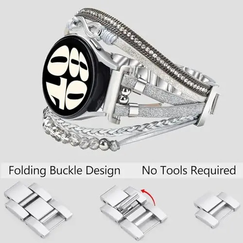 Boho Leather Bracelet for Samsung Galaxy Watch 7/6/5/4 Band 40mm 44mm Women, 20mm Handmade Multilayer Beaded Watch Bands for Watch 6 Classic 43mm/Watch 5 Pro/Watch4 Classic 42mm/Galaxy Active 2 - 3