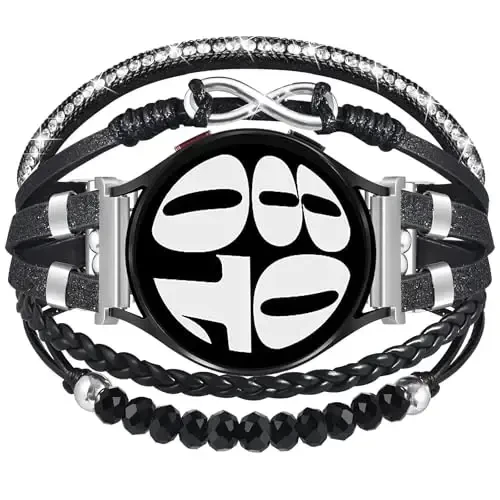 Boho Leather Bracelet for Samsung Galaxy Watch 8/7/6/5/4 Band 40mm 44mm Women, 20mm Handmade Multilayer Beaded Watch Bands for Watch 8 6 Classic 43mm/Watch 5 Pro/Watch4 Classic 42mm/Galaxy Active 2 - ORATYFAN