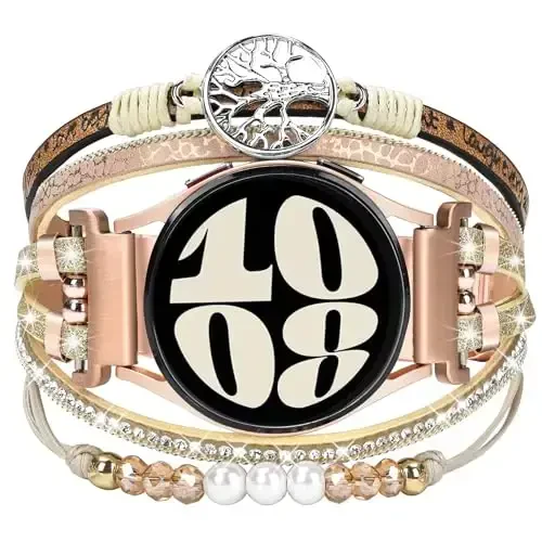 Boho Leather Bracelet for Samsung Galaxy Watch 7/6/5/4 Band 40mm 44mm Women, 20mm Handmade Multilayer Beaded Watch Bands for Watch 6 Classic 43mm/Watch 5 Pro/Watch4 Classic 42mm/Galaxy Active 2 - ORATYFAN
